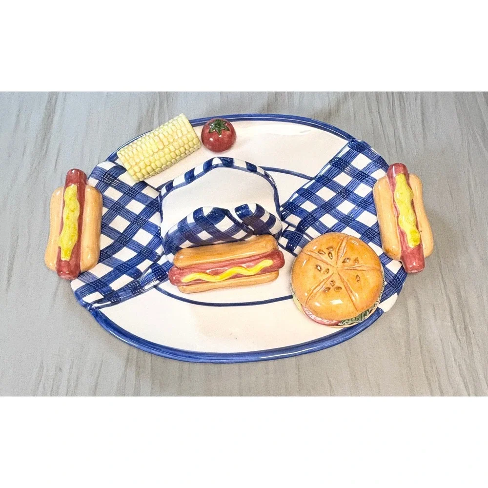 Vtg 90s lotus Ceramic BBQ Picnic Platter & Napkin Holder Set  Hot Dog hamburger